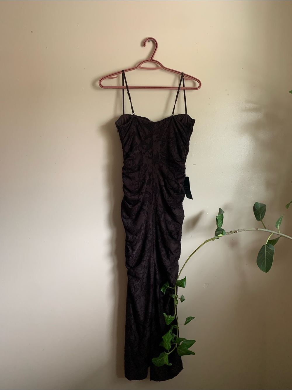 NWT DYNAMITE Java Ruched Spaghetti Strap Evening Dress